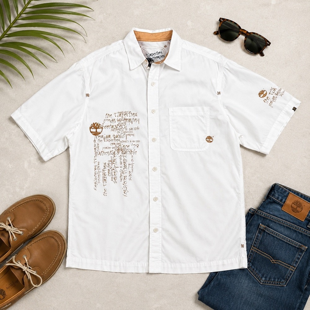 VTG Timberland Men Short Sleeve Oversized Shirt Y2K Spellout Skater Grunge White